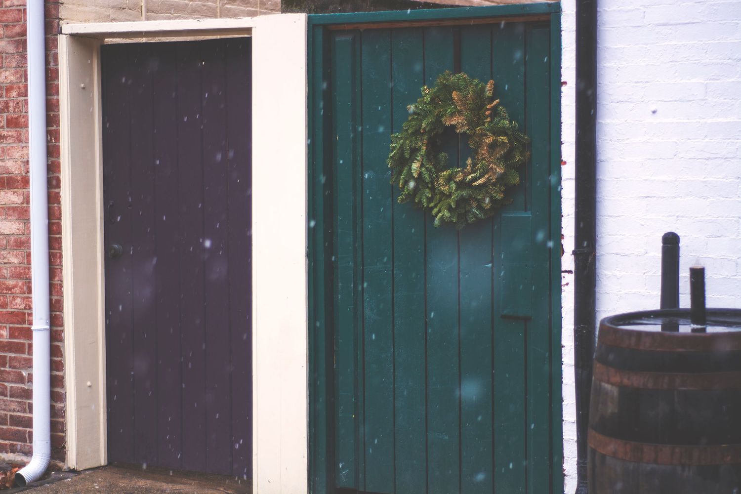 Wooden doors are decorated for Christmas.
