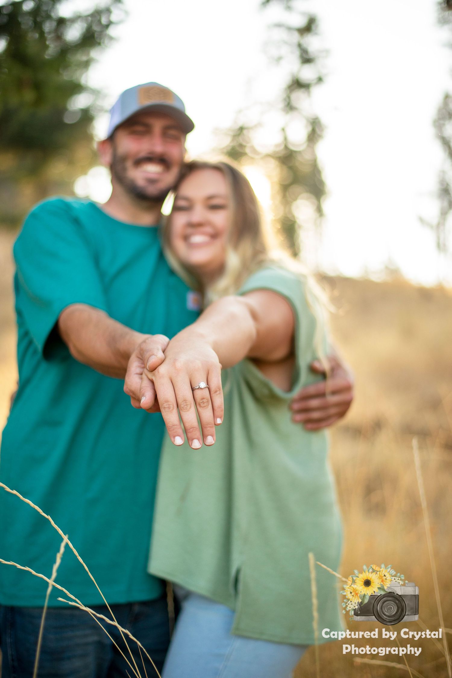 An engaged couple pose for their engagement photoshoot in Ellensburg, Washington.