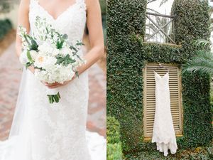 hanging bride dress, bride bouquet, cross water hall wedding, outdoor hanging wedding dress