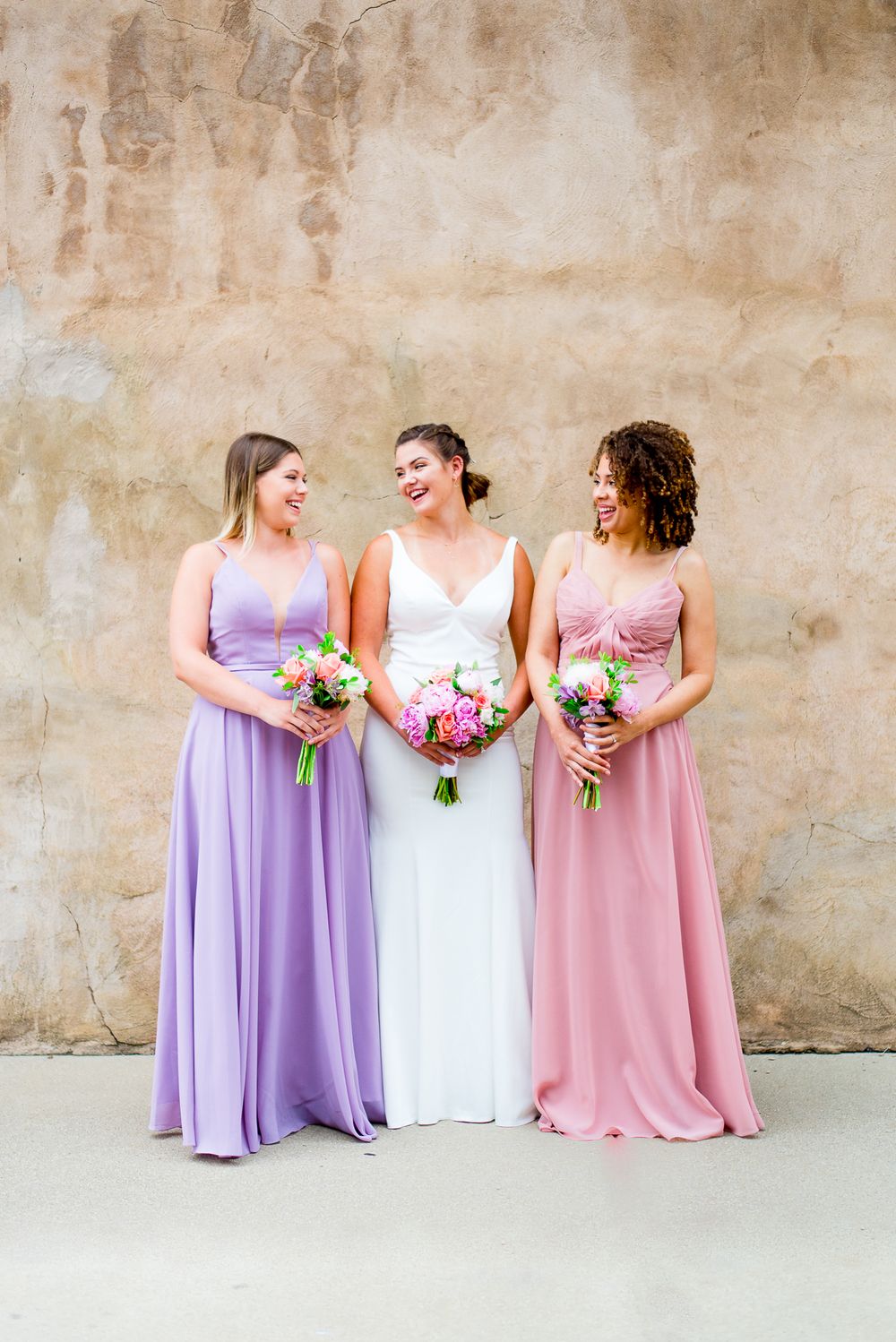 bridesmaids in pastel dresses, Bride, standing outside, colorful pastel bouquets, wedding, Benison, Cincinnati OH
