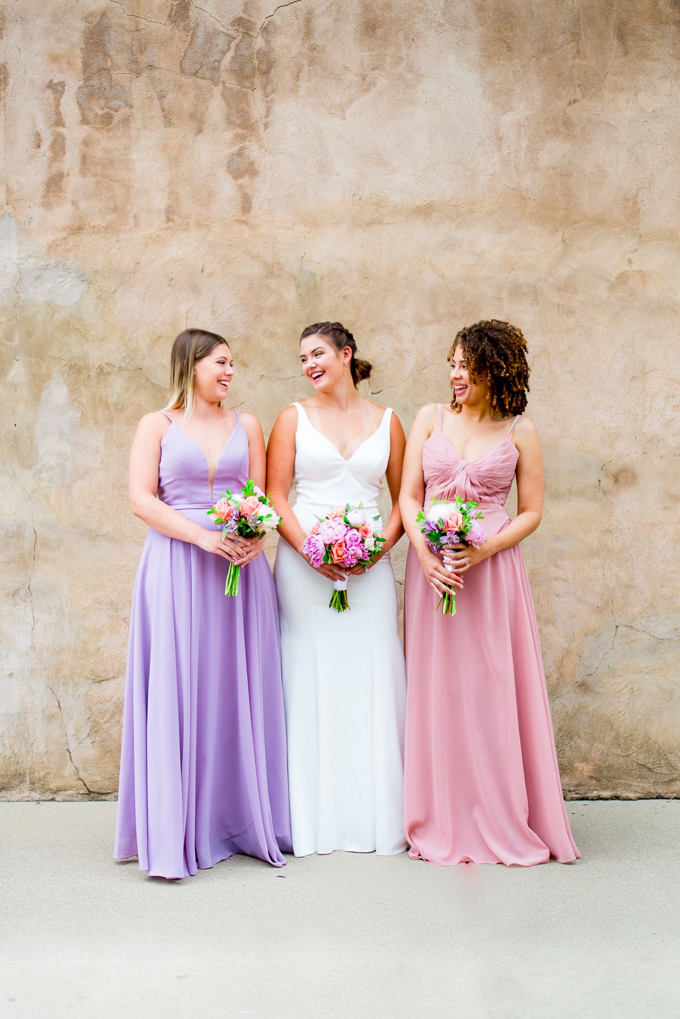 bridesmaids in pastel dresses, Bride, standing outside, colorful pastel bouquets, wedding, Benison, Cincinnati OH
