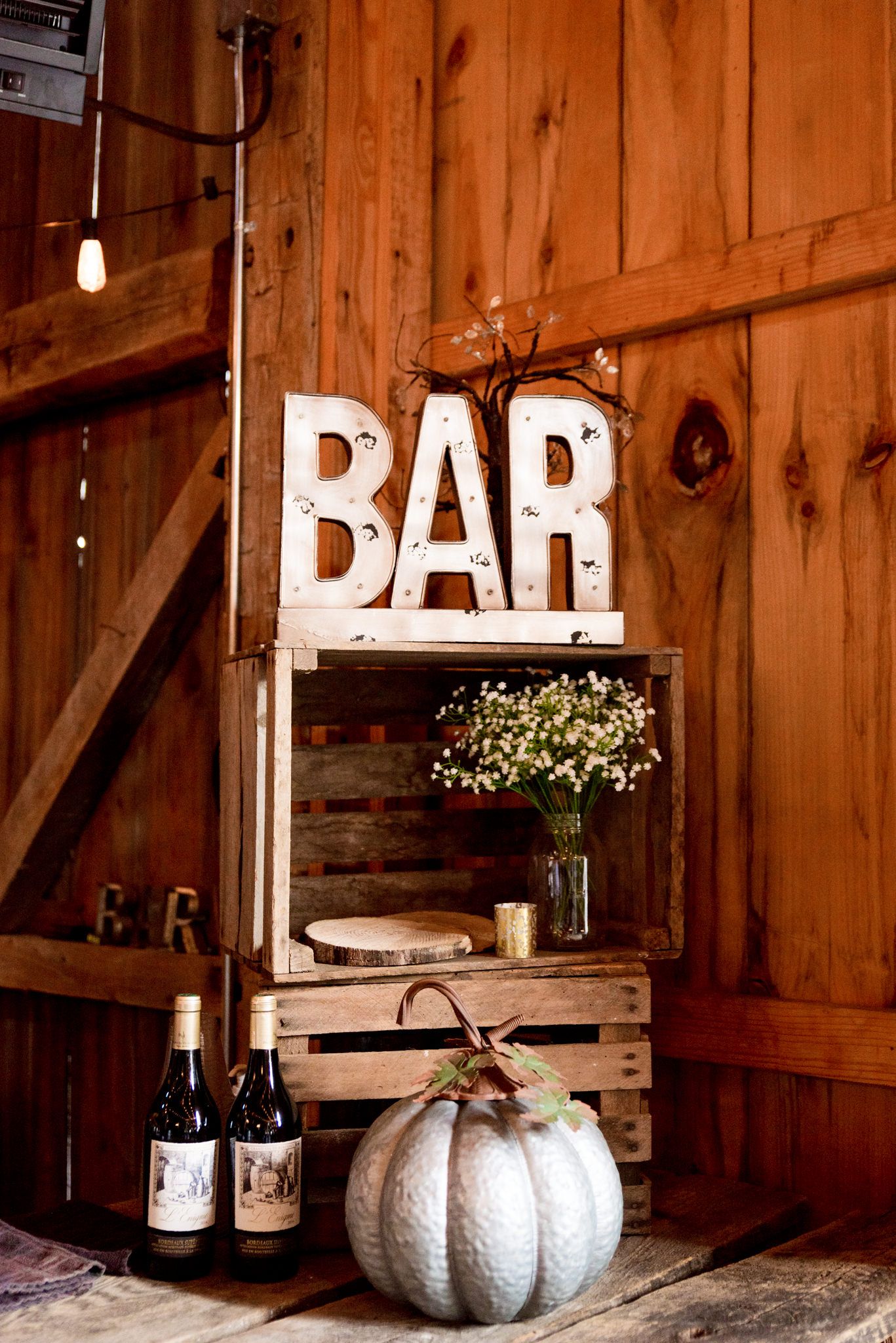 BAR sign at cozy fall farm wedding in Ohio