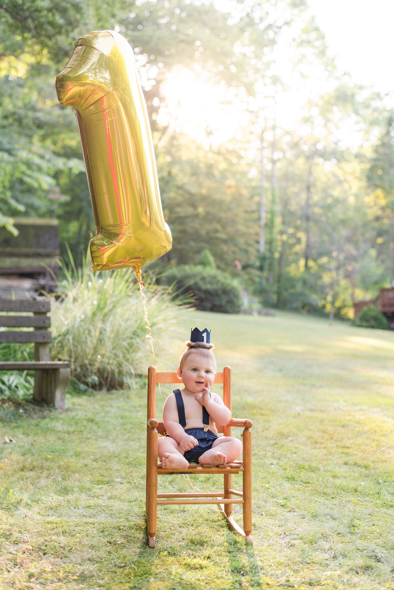 Baby's first birthday balloon and rocking chair in Pittsburgh, Pennsylvania