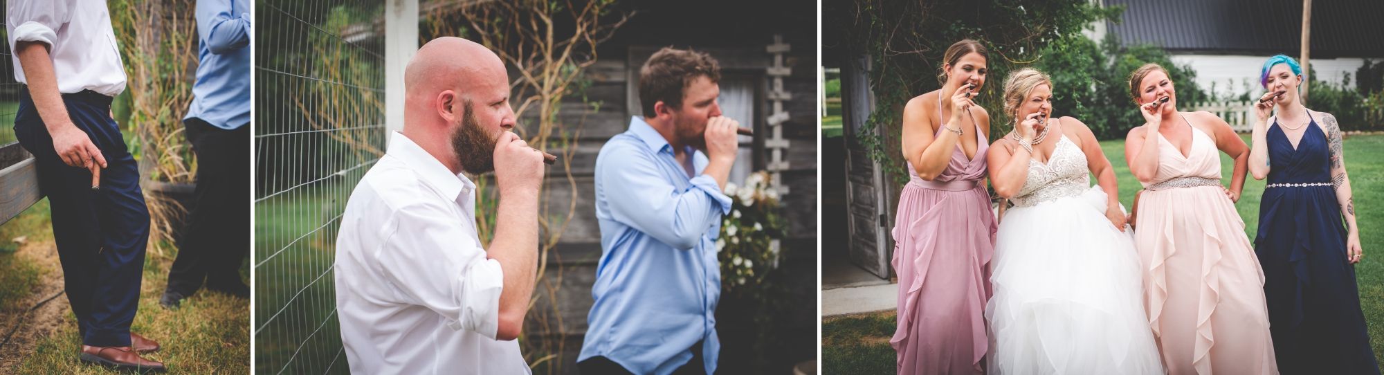 Collage of the wedding party smoking cigars.