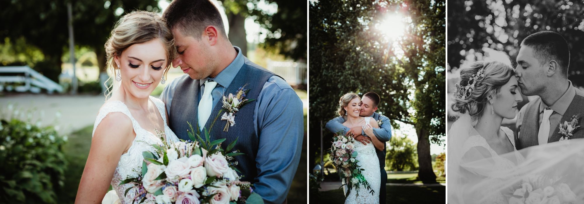 Photos of the bride and groom embracing, standing in front of a tree with sunlight coming through, & forehead kiss.