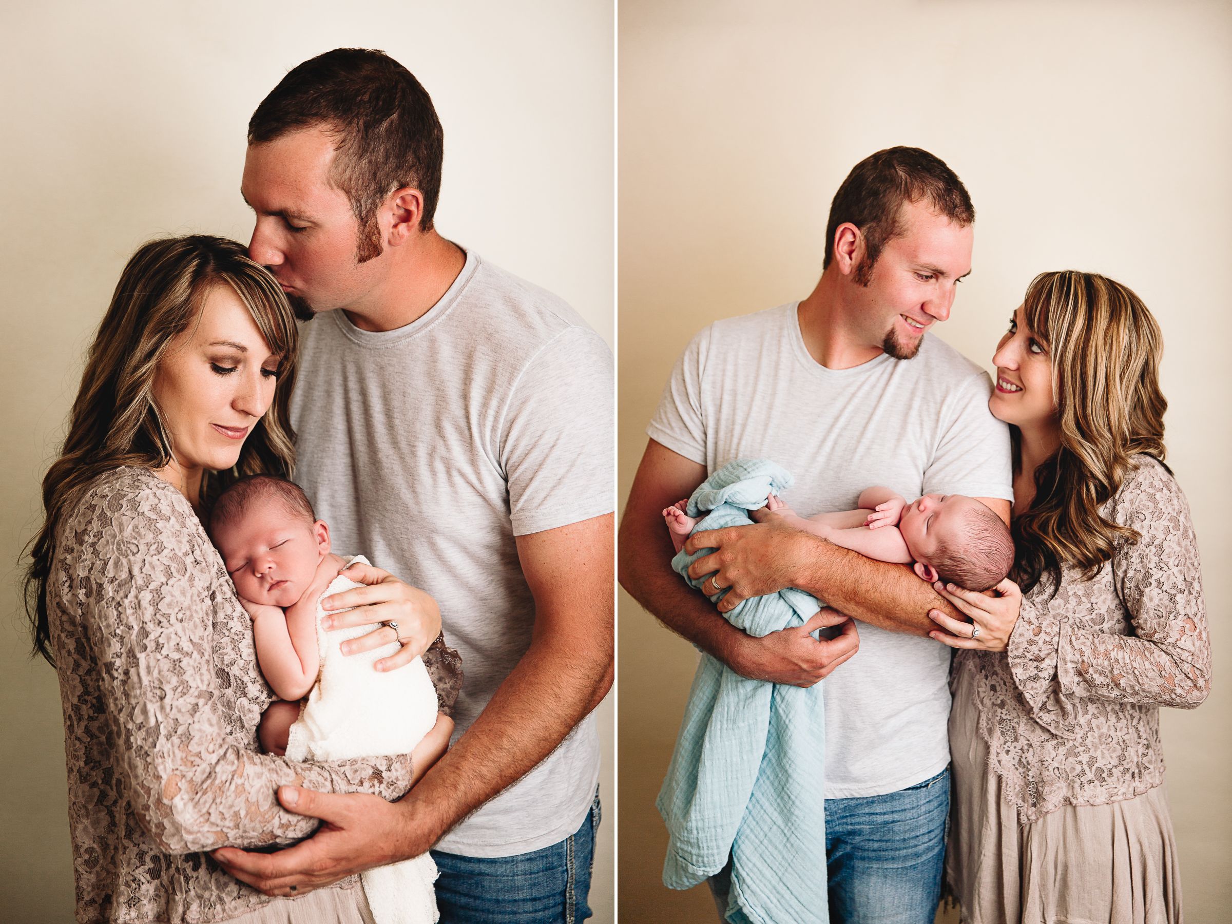 mom and dad holding newborn for in family studio portraits