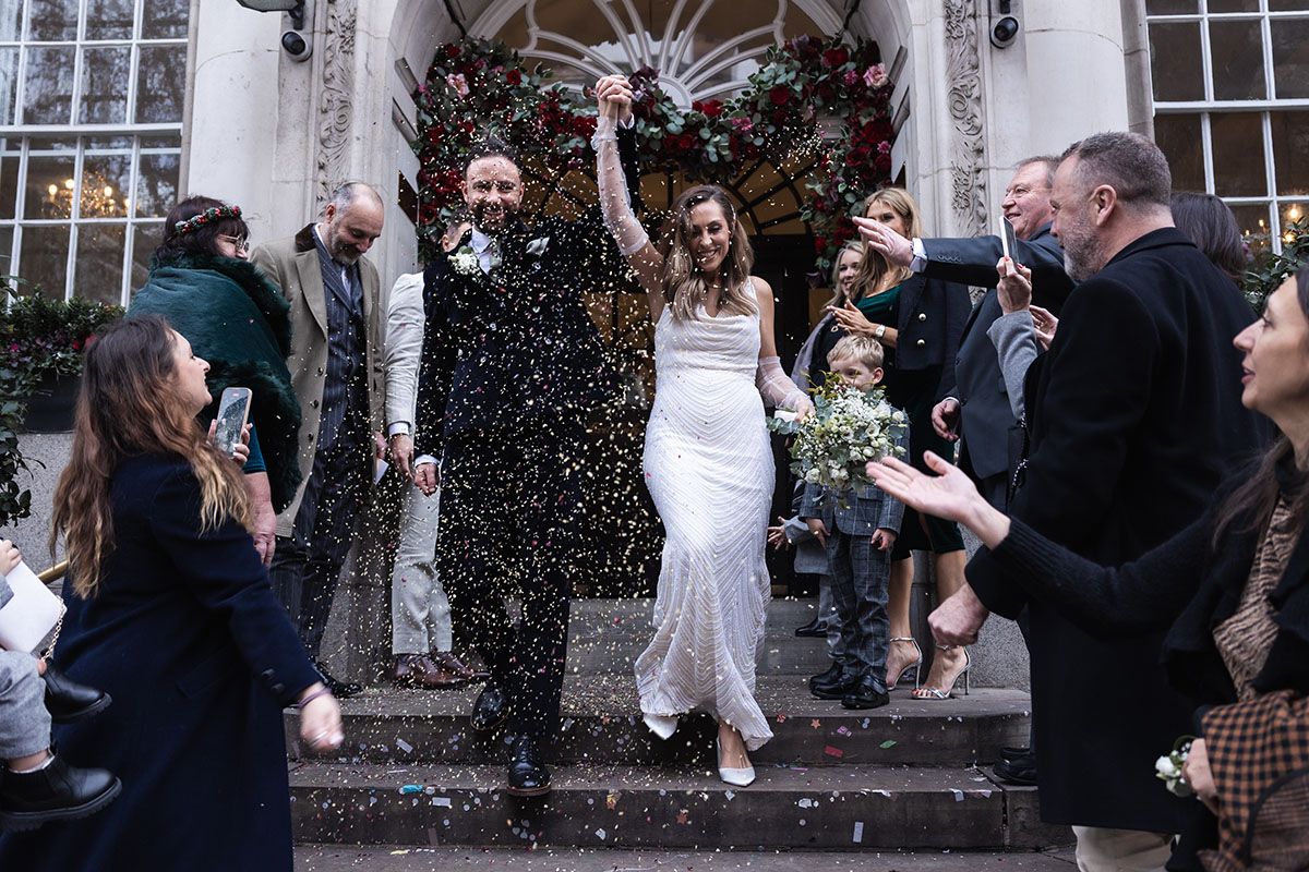 Confetti shot of the bride and groom after the ceremony in central London.