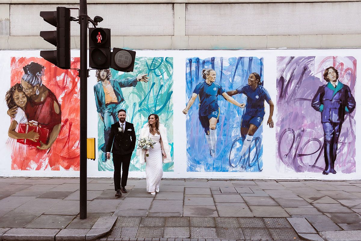 Street photography of bride and groom in South Kensington.