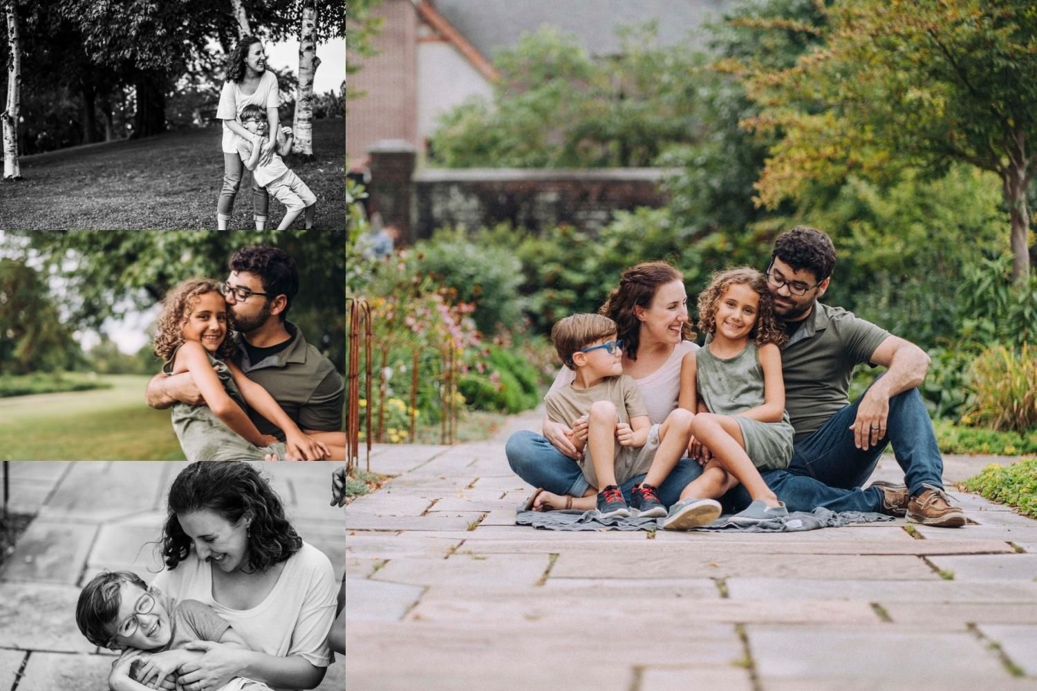 Collage of family of four, in different poses in a landscaped garden