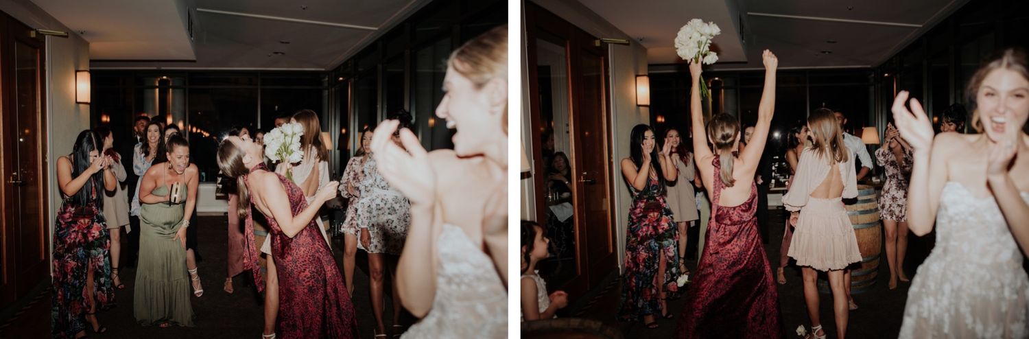 Wedding reception bouquet toss at Yarra Valley Lodge