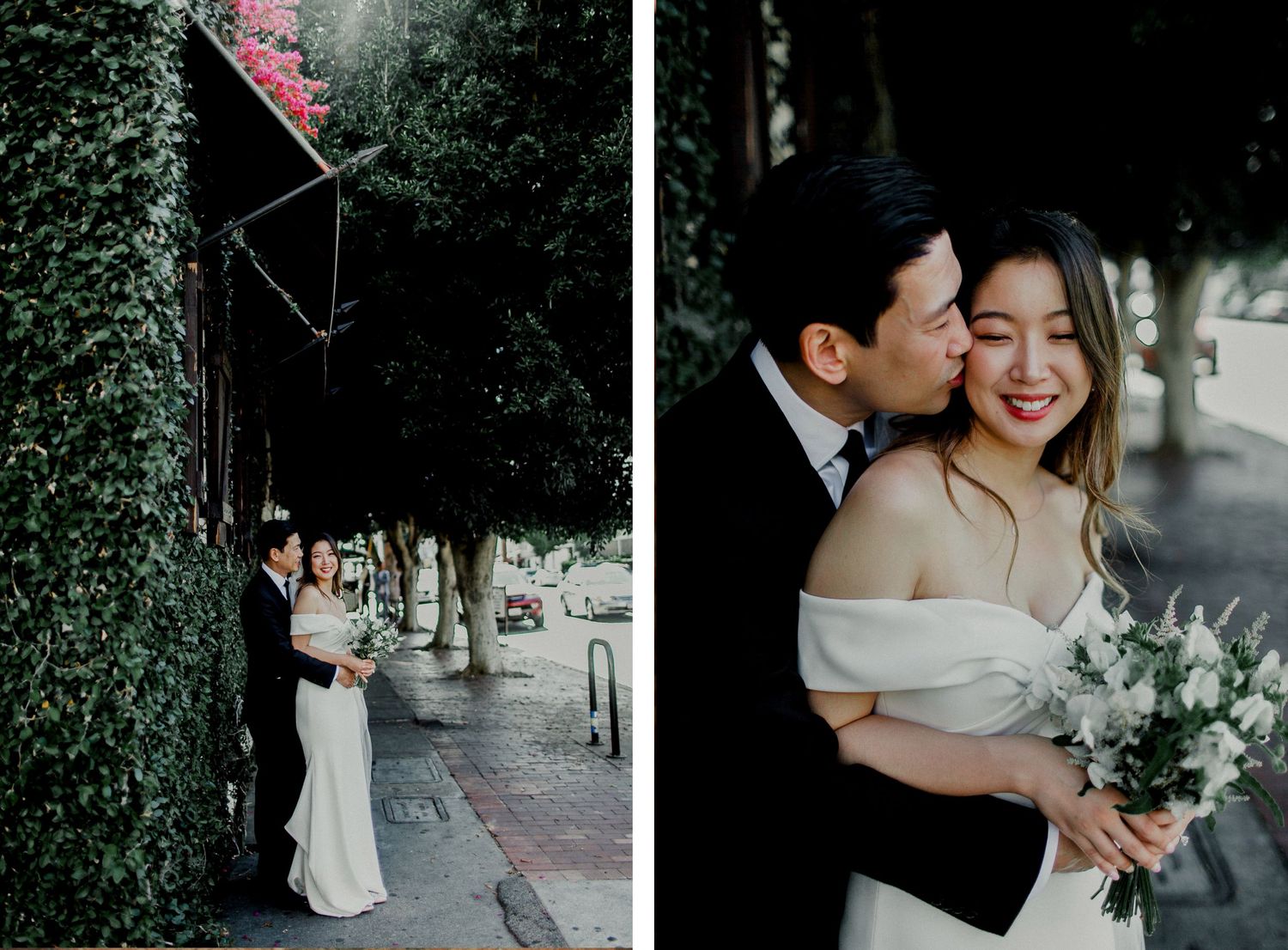 groom kissing bride standing on sidewalk in front of A.O.C. Los Angeles
