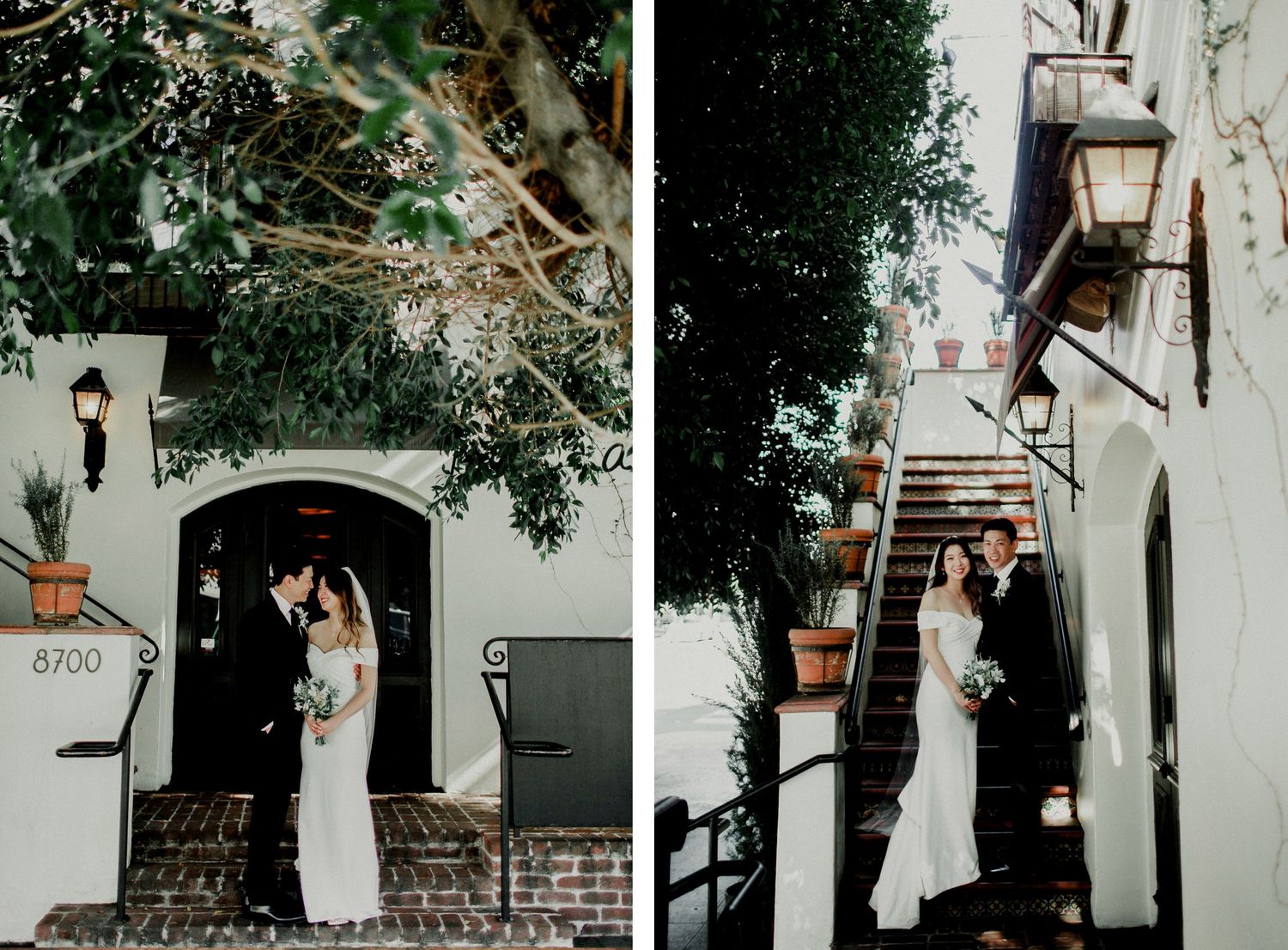 bride and groom standing in front of A.O.C. restaurant Los Angeles, California