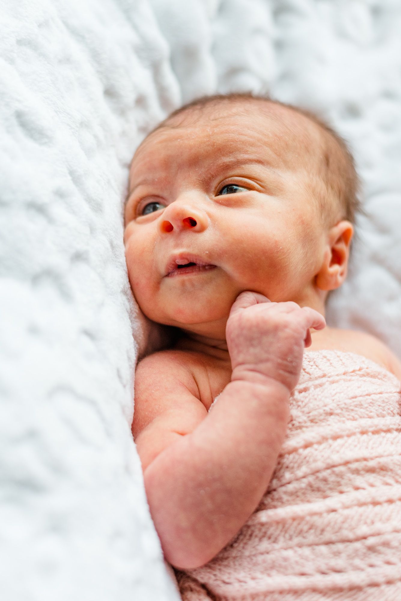 Lifestyle newborn baby in pink wrap in Pittsburgh, Pennsylvania