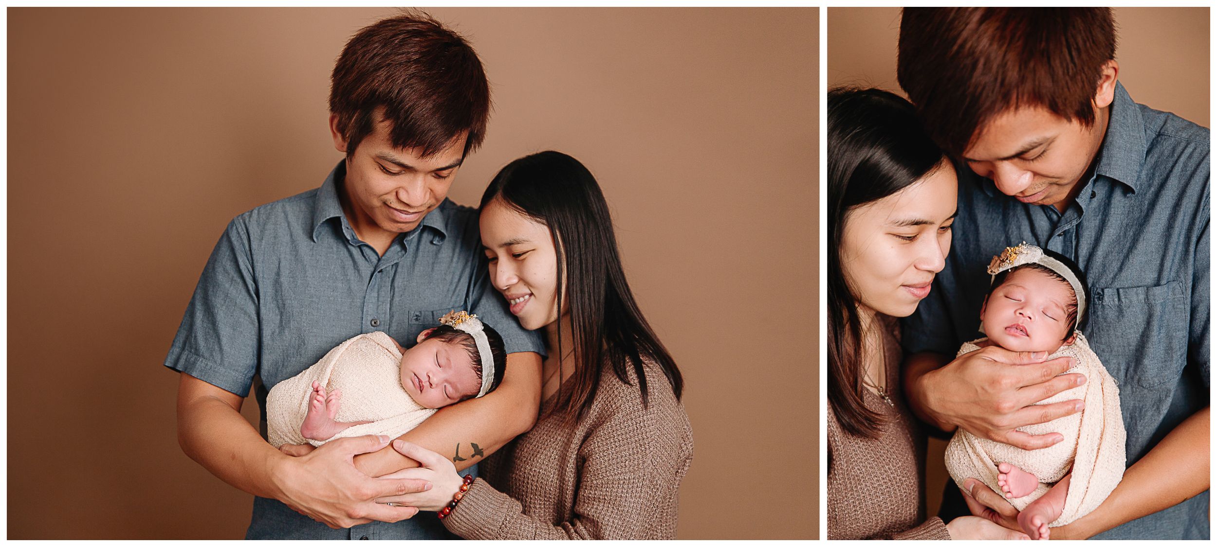 mom and dad together holding and looking at their baby