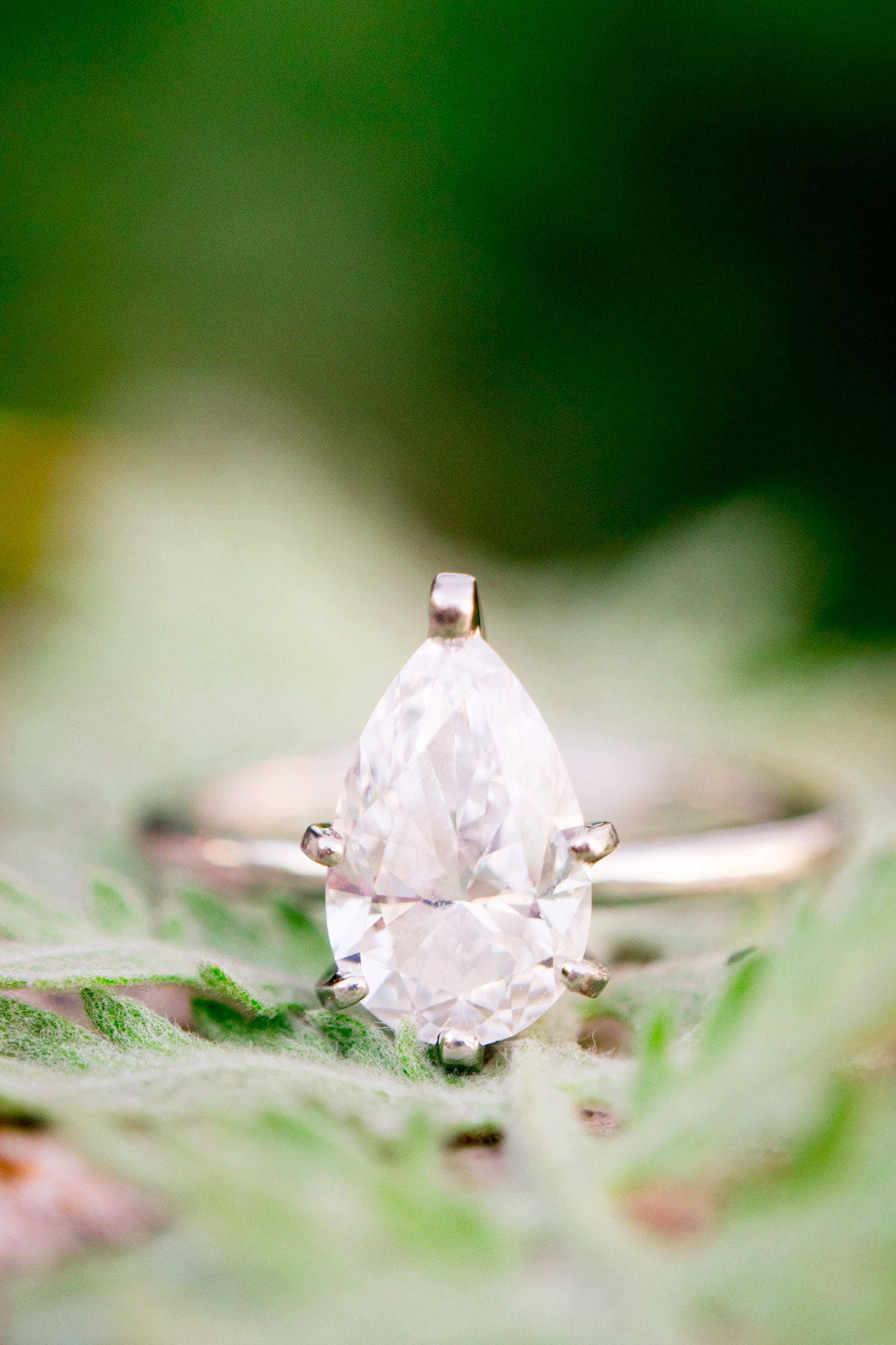 diamond pear cut engagement ring in pale green leaves