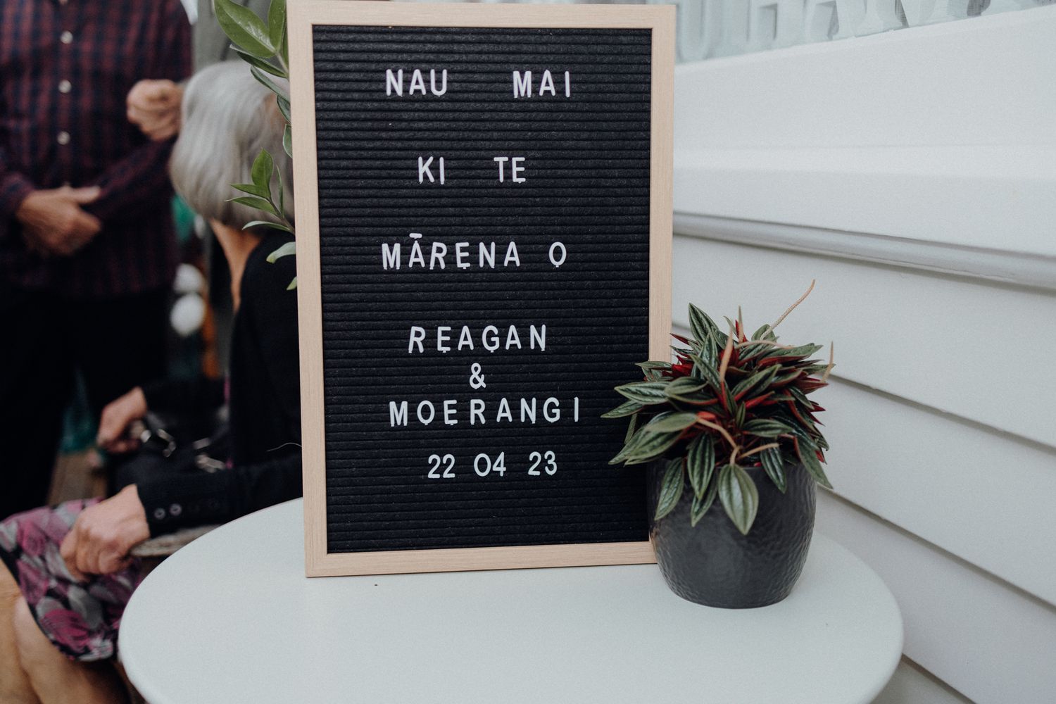 Letter board displaying wedding details with potted plant decoration against white wall.