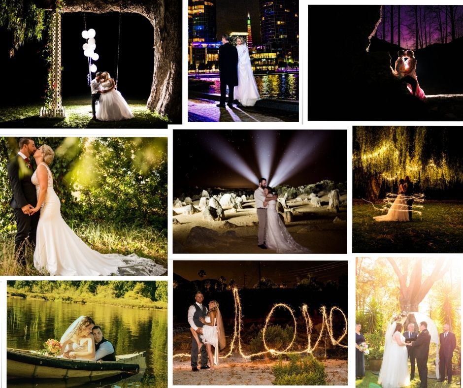 Collection of artistic wedding photos showcasing couples in dramatic lighting and scenic outdoor locations.