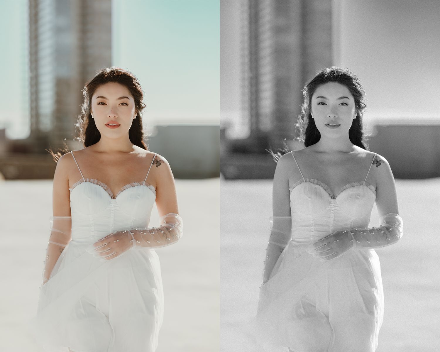 Color and black-and-white versions of a bridal portrait with an urban backdrop.