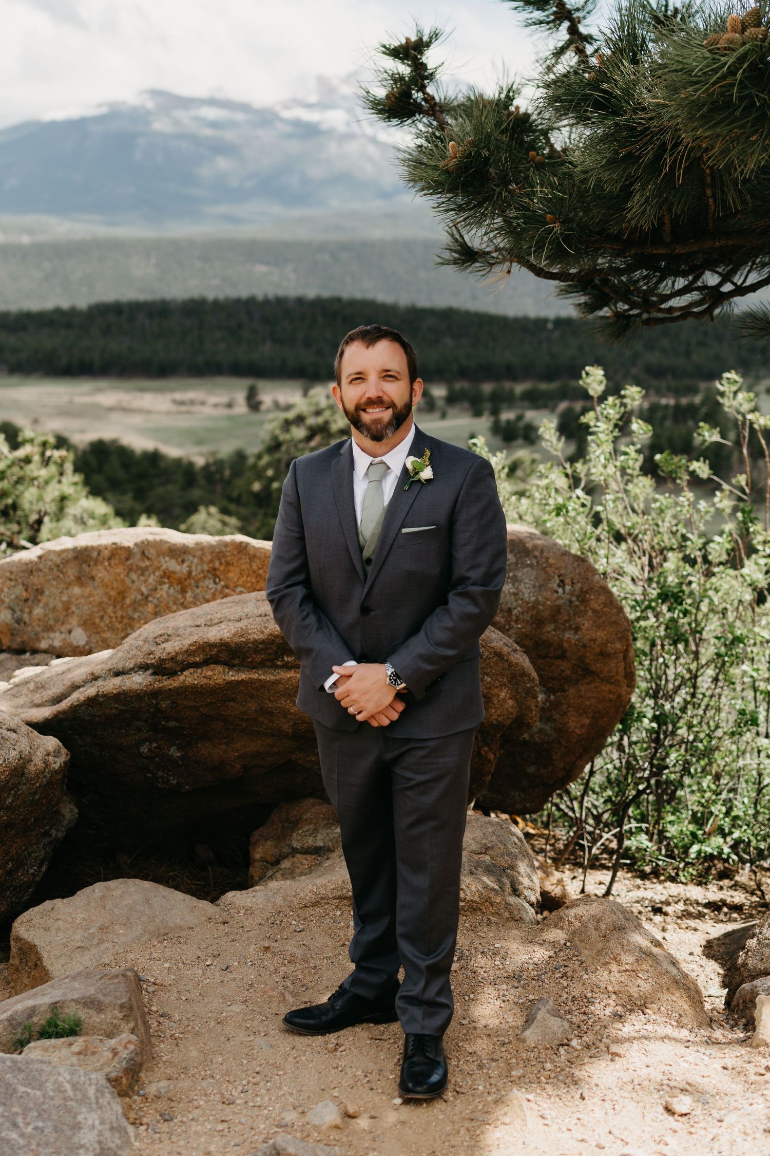 groom portrait, forest, rmnp, ymca, ceremony, photography, colorado, estes park, forest wedding, classy, timeless