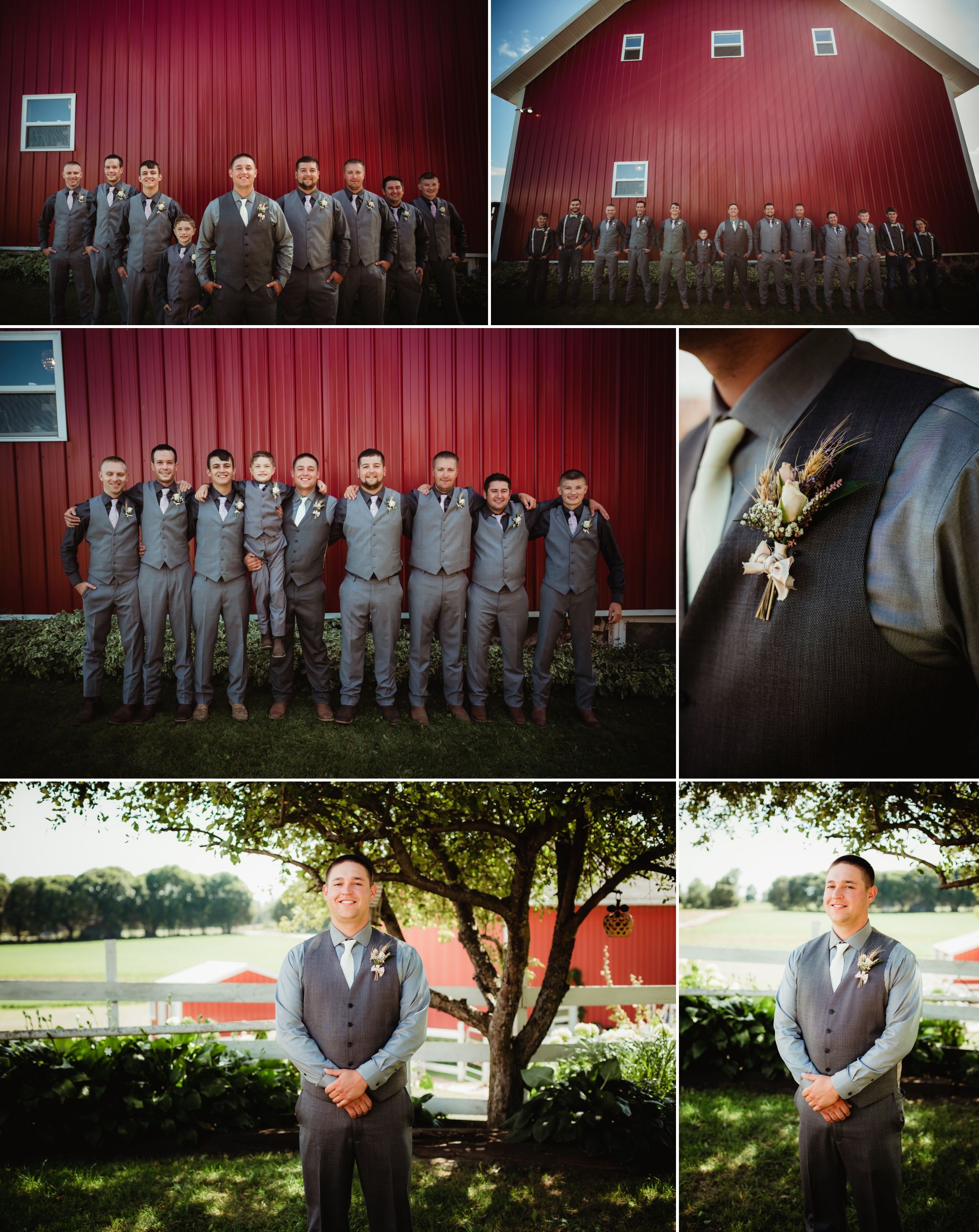 Collage of groom and groomsmen portraits. They wear shades of grey suits with vests but no jackets.