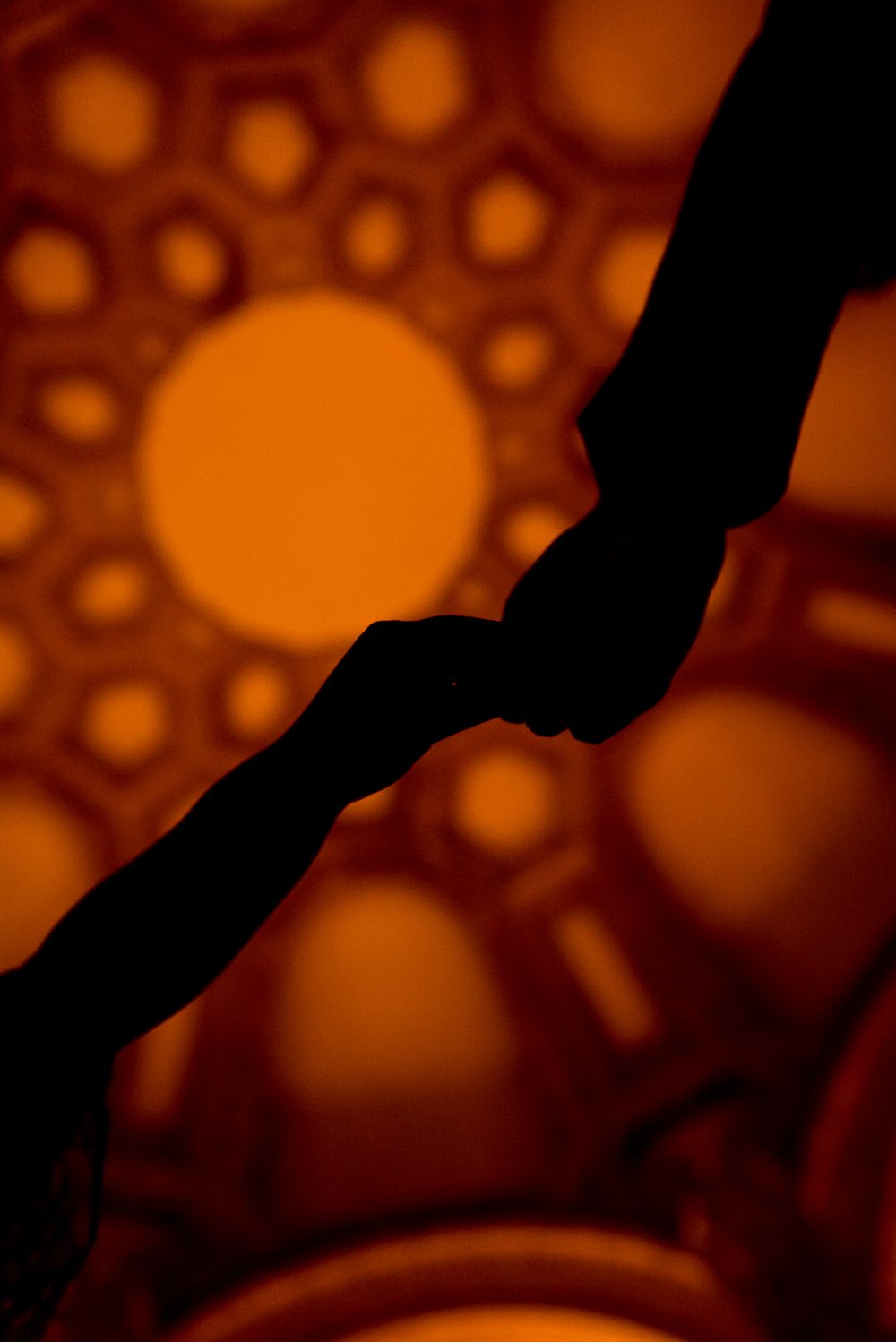silhouette of hands interlocking under ceiling of Palace of Fine Arts at night time