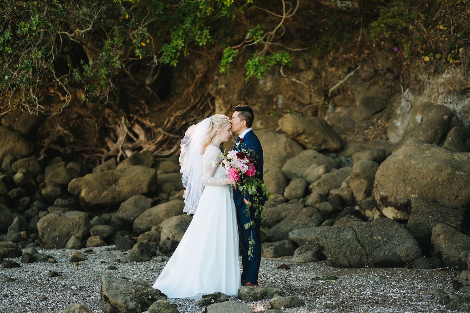 Bride and Groom session at Waikowhai Park Hillsborough, Auckland by the beach during sunset