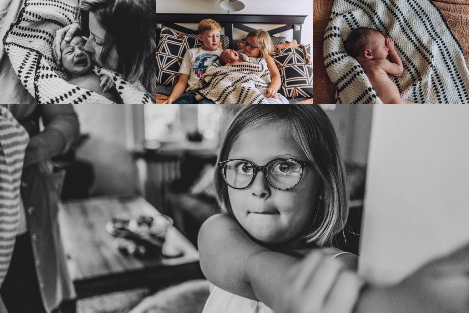 collage images from in home newborn session, mom kissing baby.