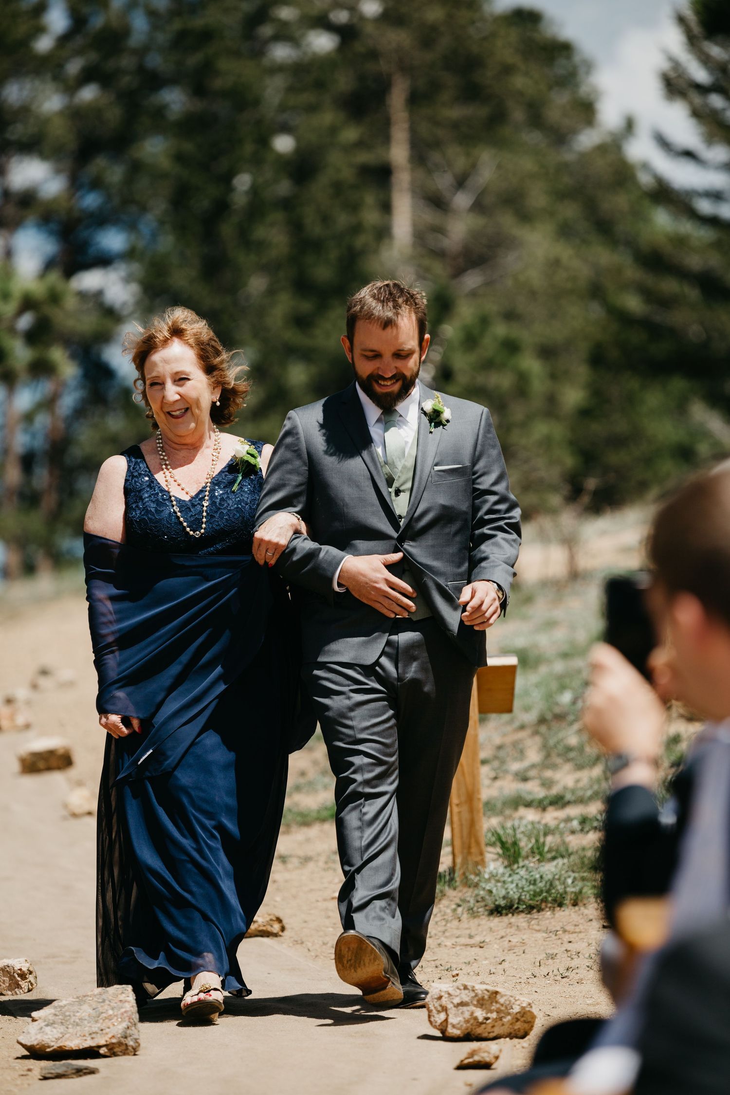 groom and mom, walking down the aisle, ceremony, photography, colorado, estes park, forest wedding, classy, timeless