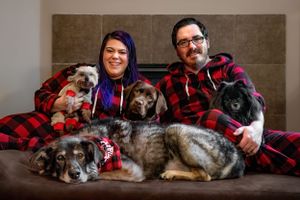 Family photo featuring 4 dogs and two humans, all wearing matching red and black holiday pajamas