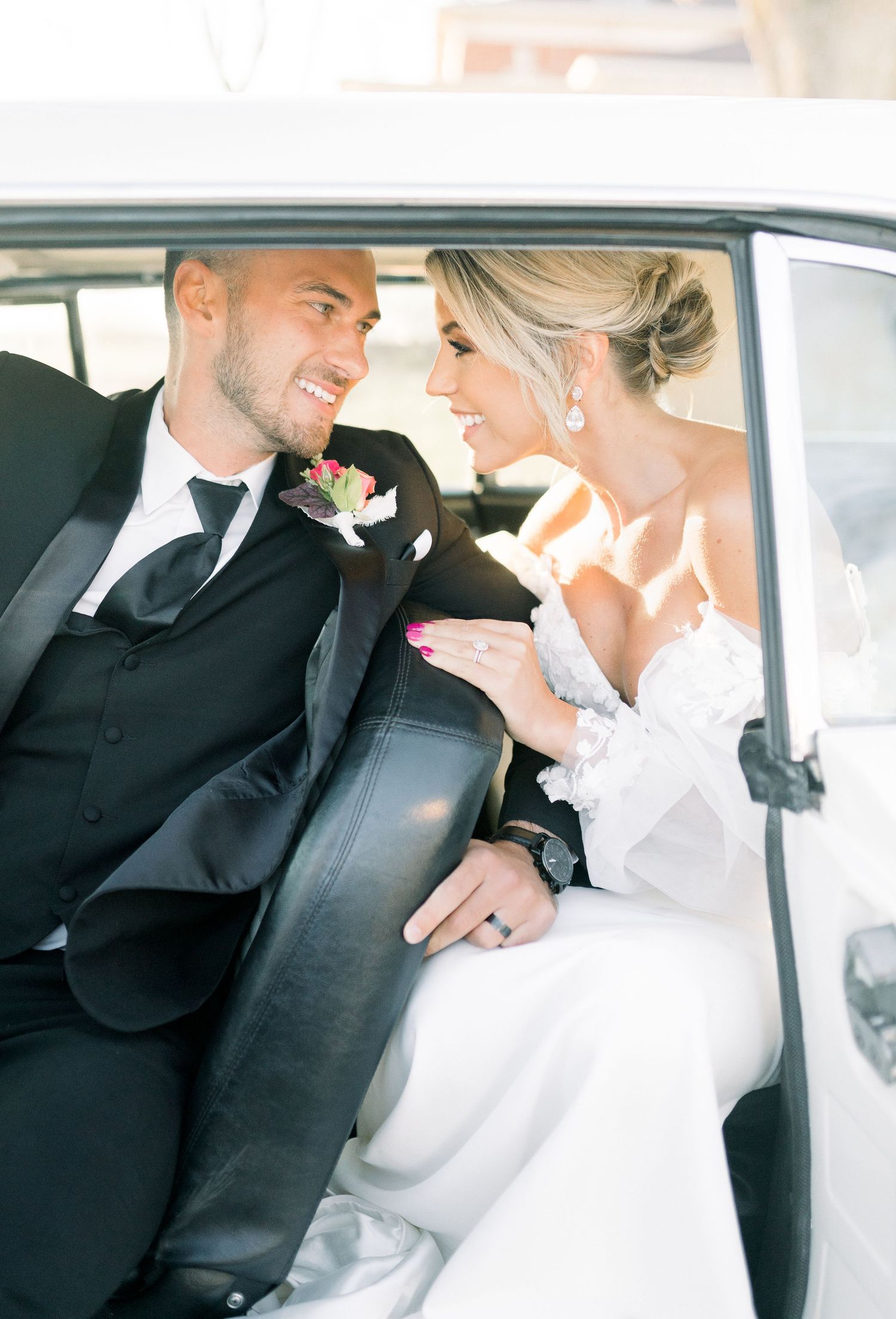 Light and airy Elopement wedding with vintage car at 1868 Farmhouse Wedding in Boone, Iowa with Modern Dress bridal gown