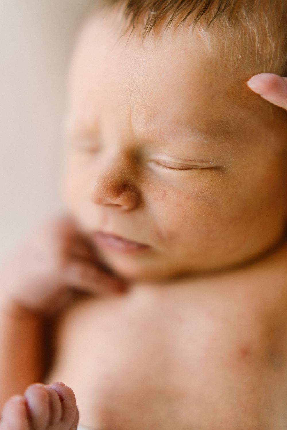 Close up of sleeping newborn with soft natural light highlighting delicate features.