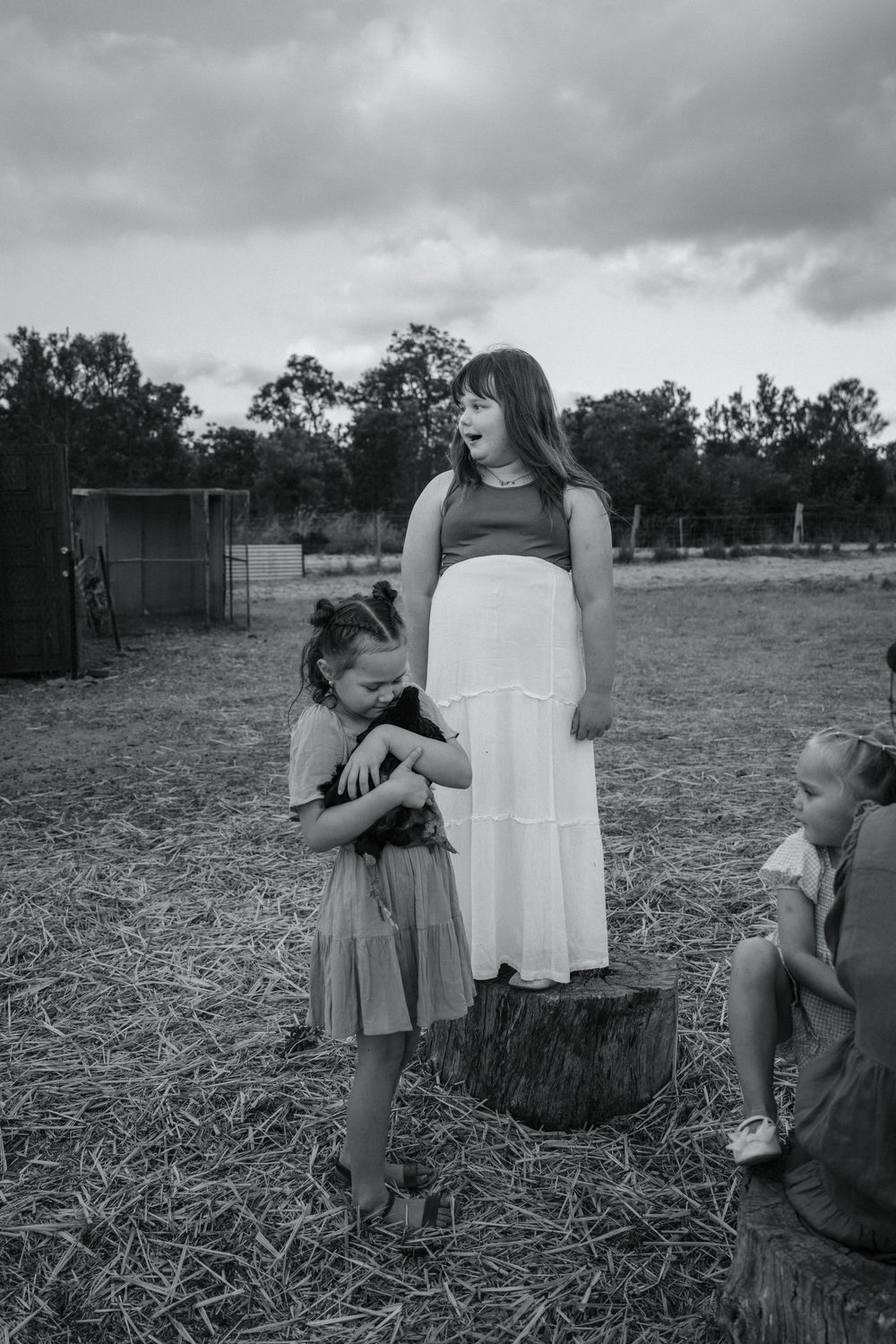 A monochrome portrait of people gathered in a pastoral field with storm clouds overhead on a moody afternoon.