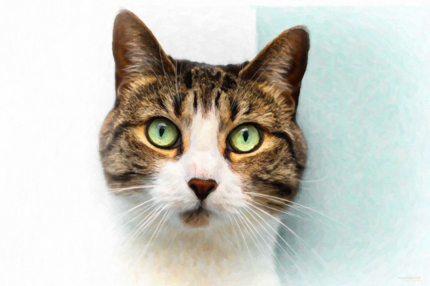 Close-up portrait of a tabby cat with striking green eyes against a light background.