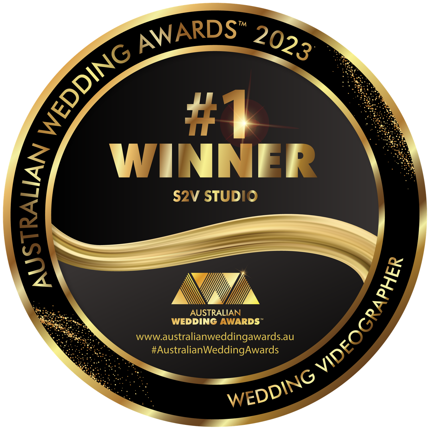 Gold and black circular award badge for 2023 Australian Wedding Awards winner.