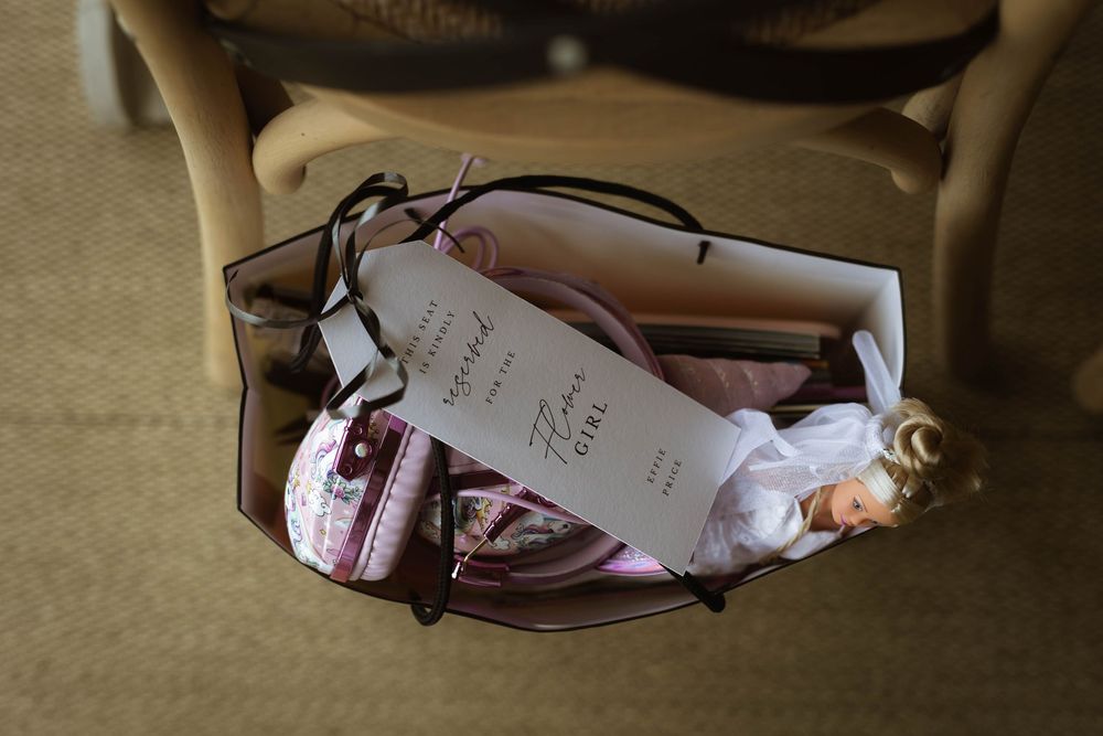 flower girl gift bag at Primrose Hill farm Wedding- Photo by Primrose Hill Farm Wedding Photographer, Olivia J Morgan Photography