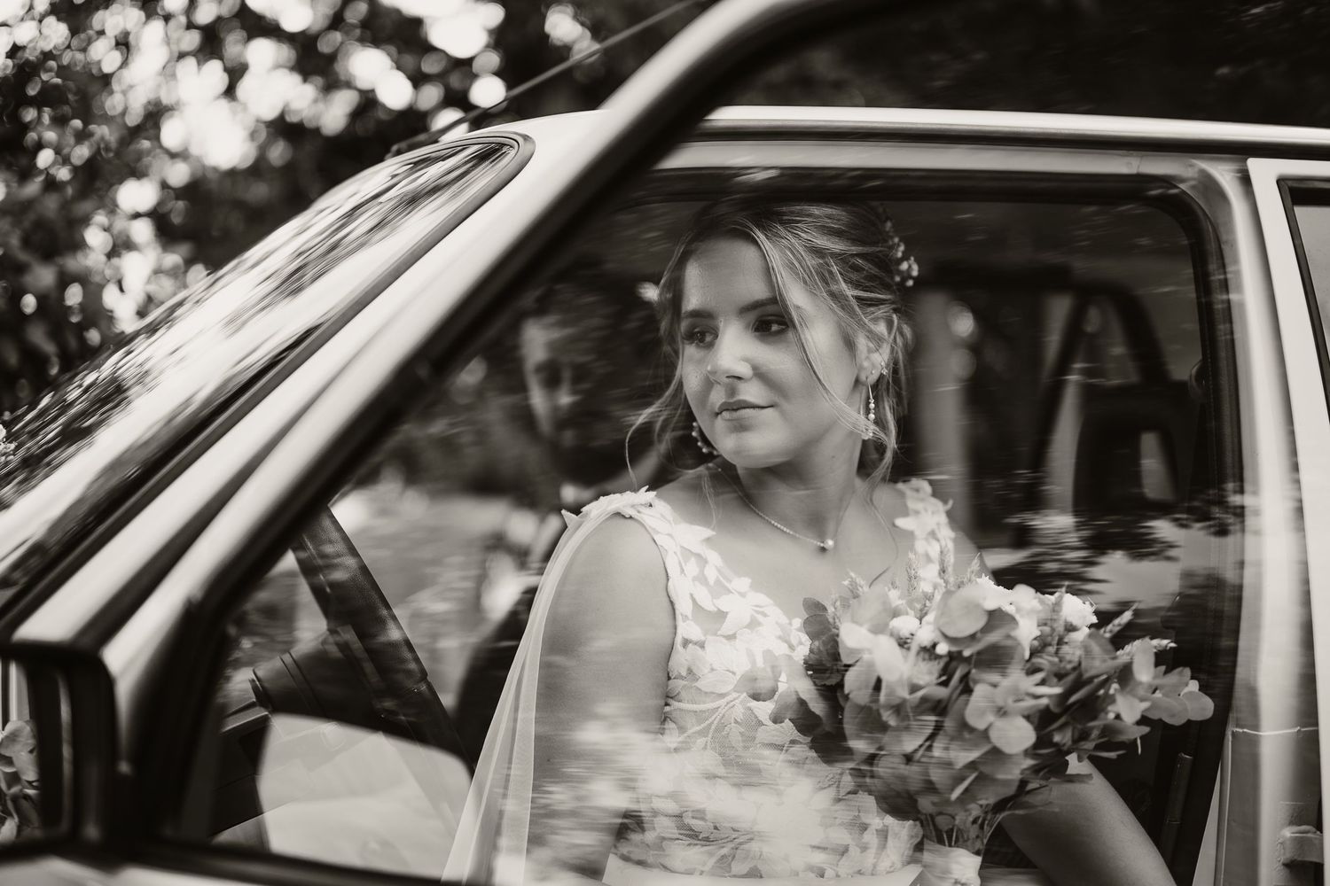 Black and white photos show multiple joyful moments with a bride getting into a wedding car while holding a bouquet.