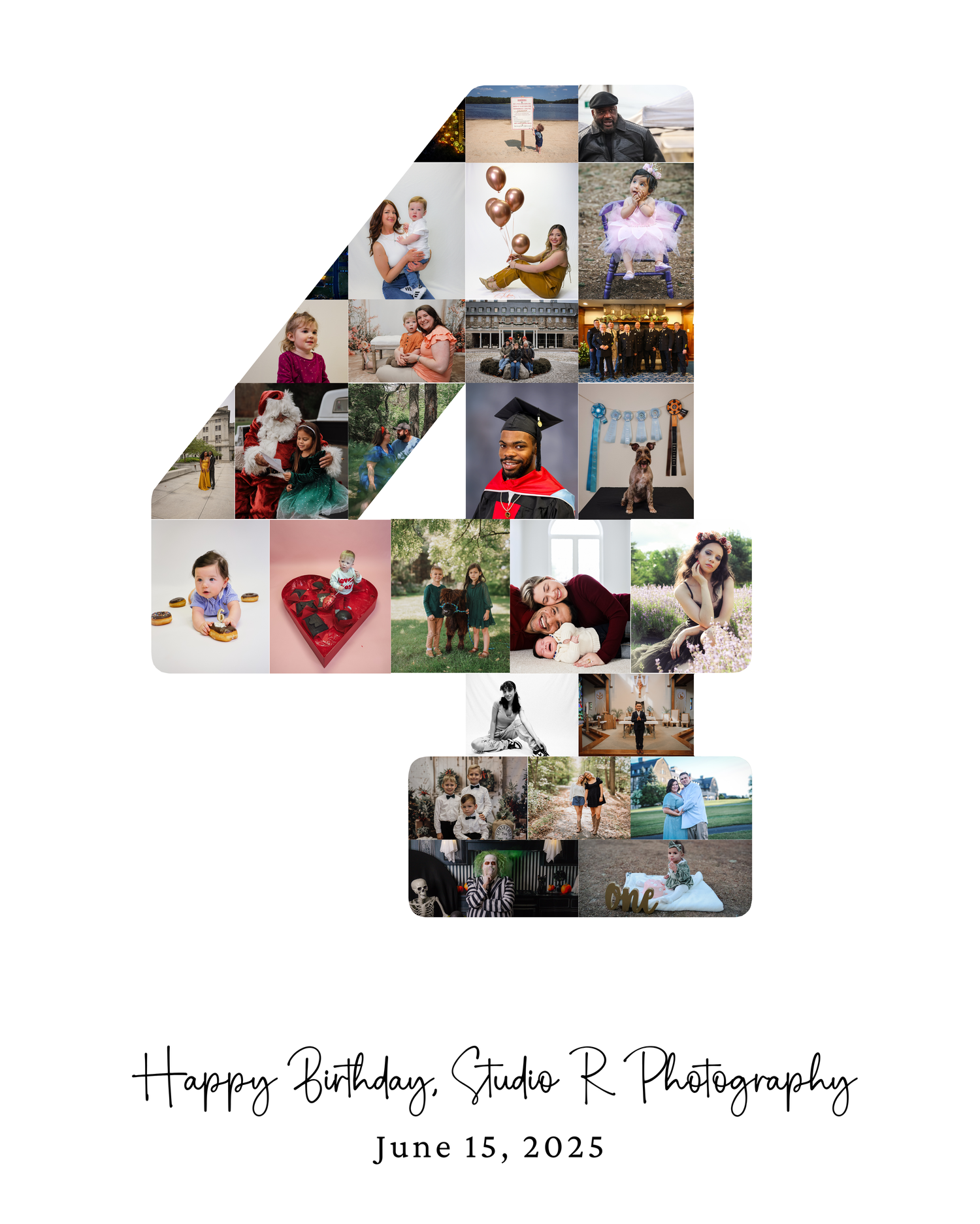 A number 4 shaped collage featuring various photography moments including couples, families and lifestyle shots for a birthday celebration.