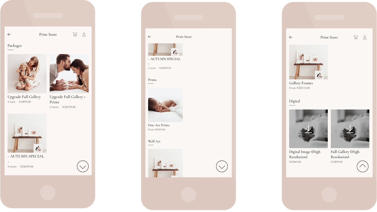 Mobile app mockup showing minimalist gallery interface with soft beige tones and lifestyle photography thumbnails.
