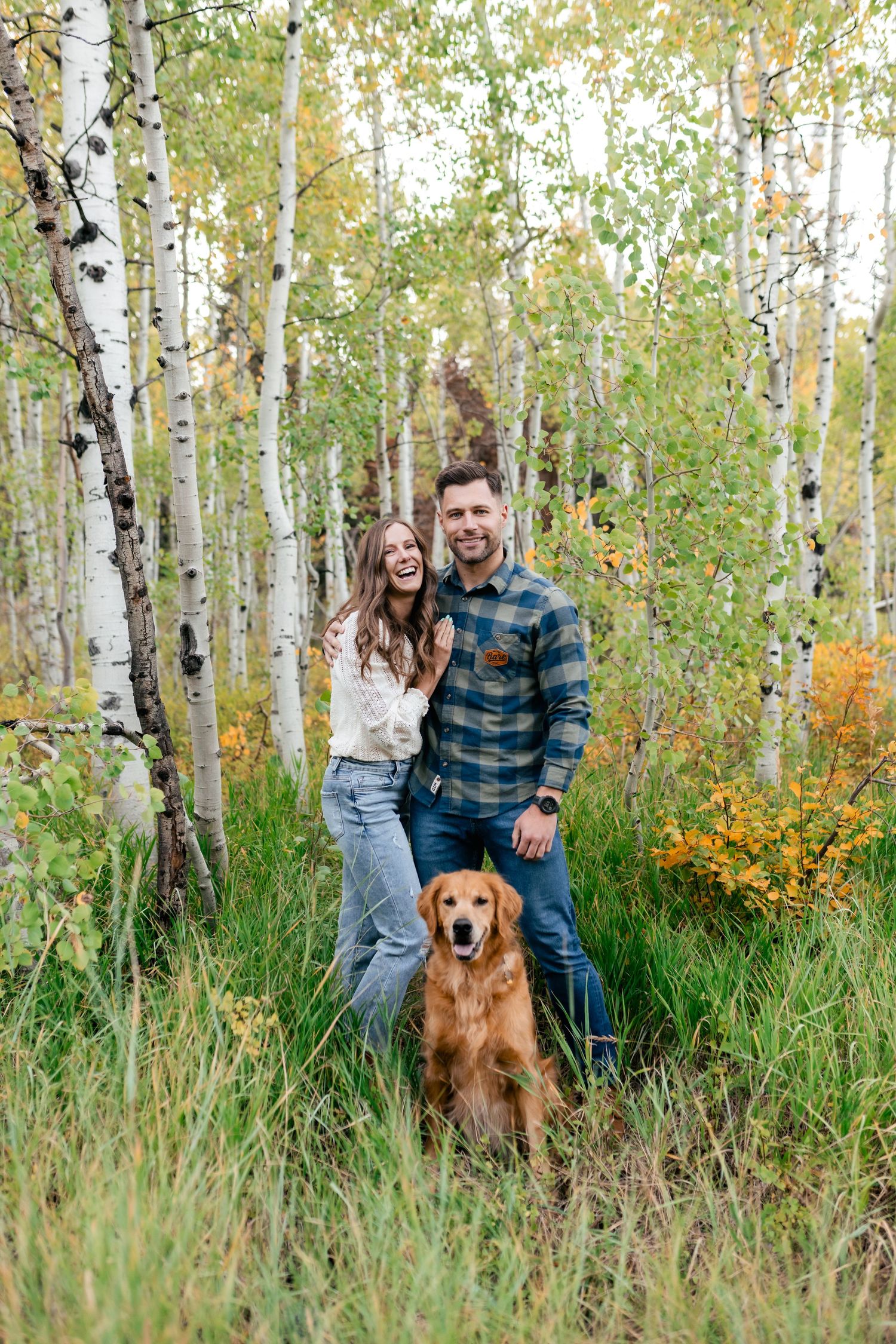 Beautiful golden retriever sits with couple in autumn aspen grove with white bark trees and yellow leaves.
