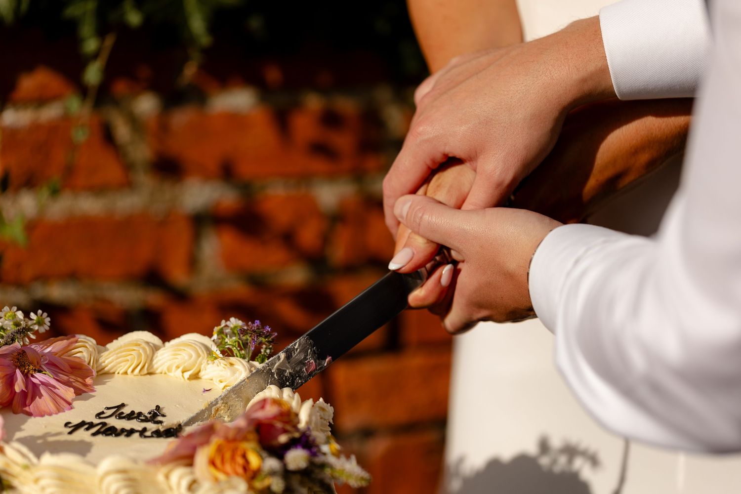 Hands cutting into a festive cake decorated with light colored frosting at an outdoor celebration.