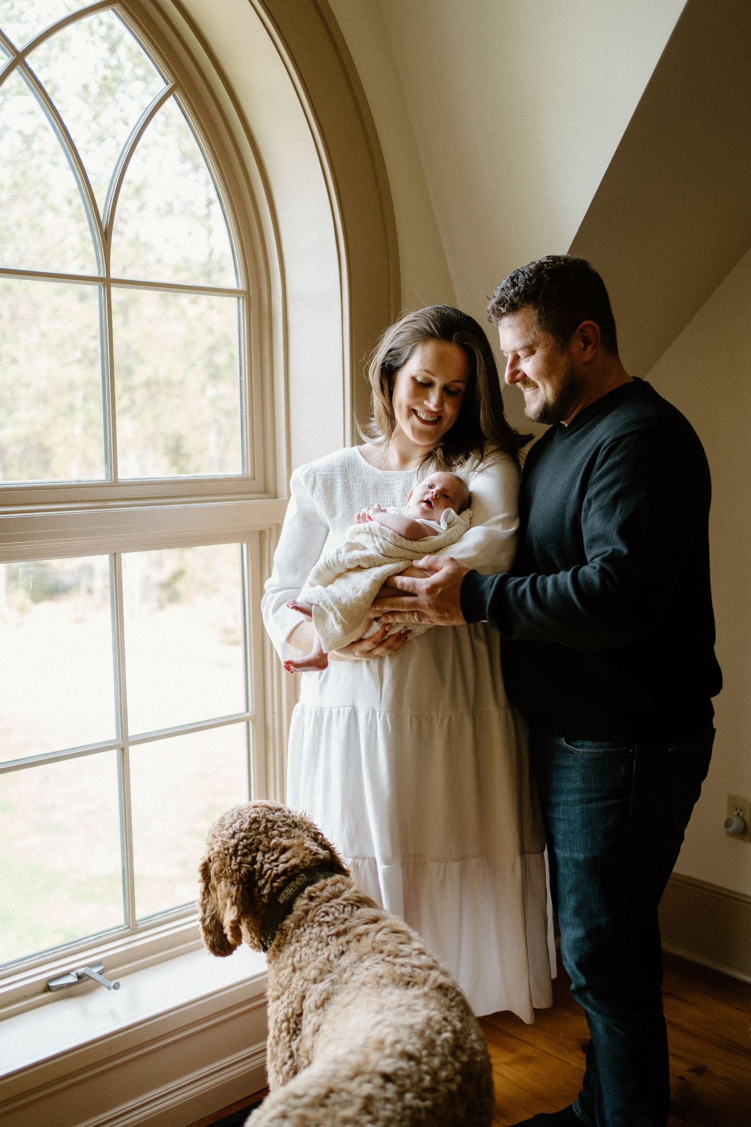 A couple stands by an arched window with their newborn baby while their fluffy brown dog watches from below.