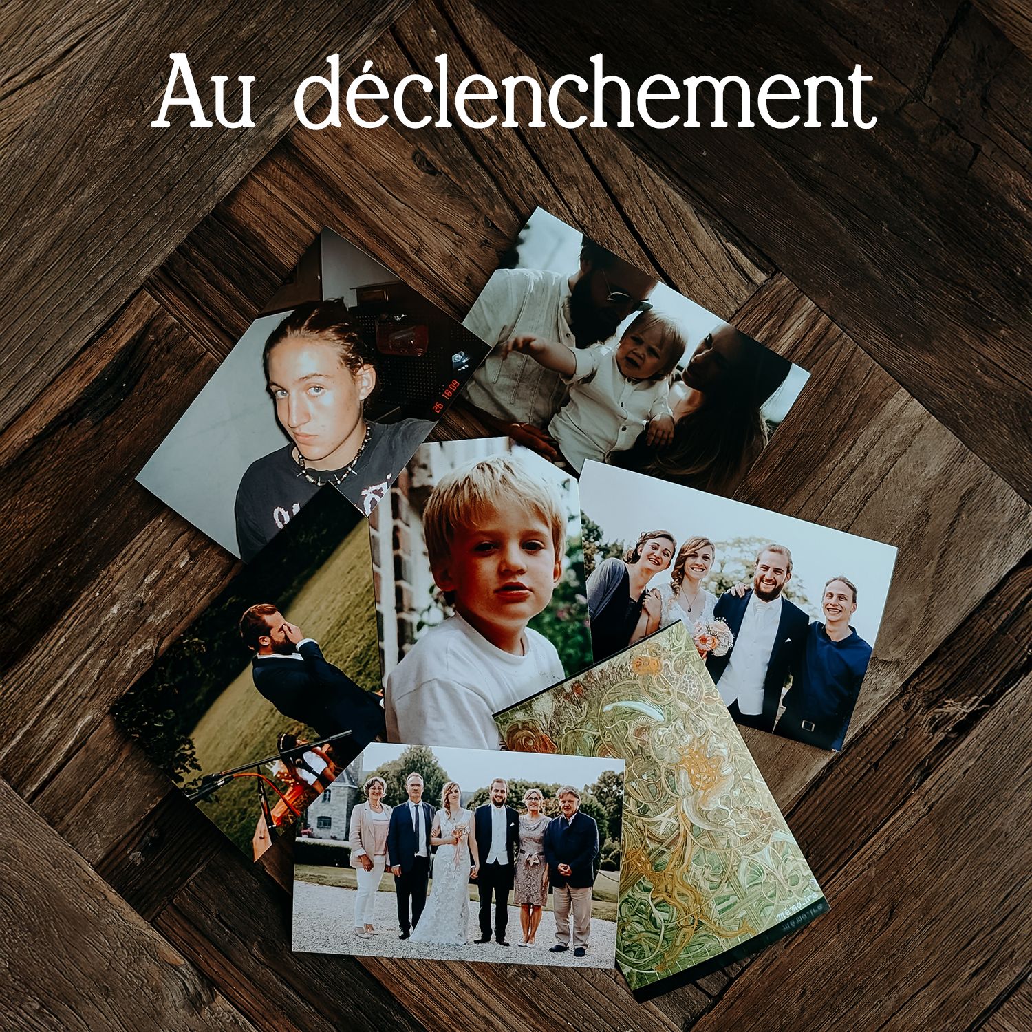 Black and white and color photographs scattered on a wooden floor, showing various lifestyle and personal moments.