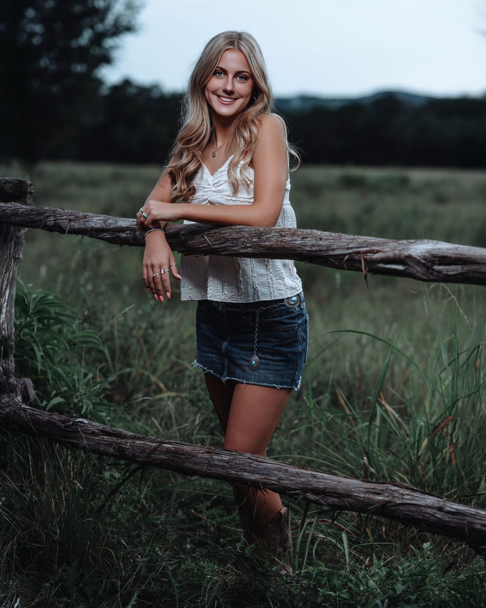A person in denim shorts leans against a rustic wooden fence in a pastoral field at dusk.