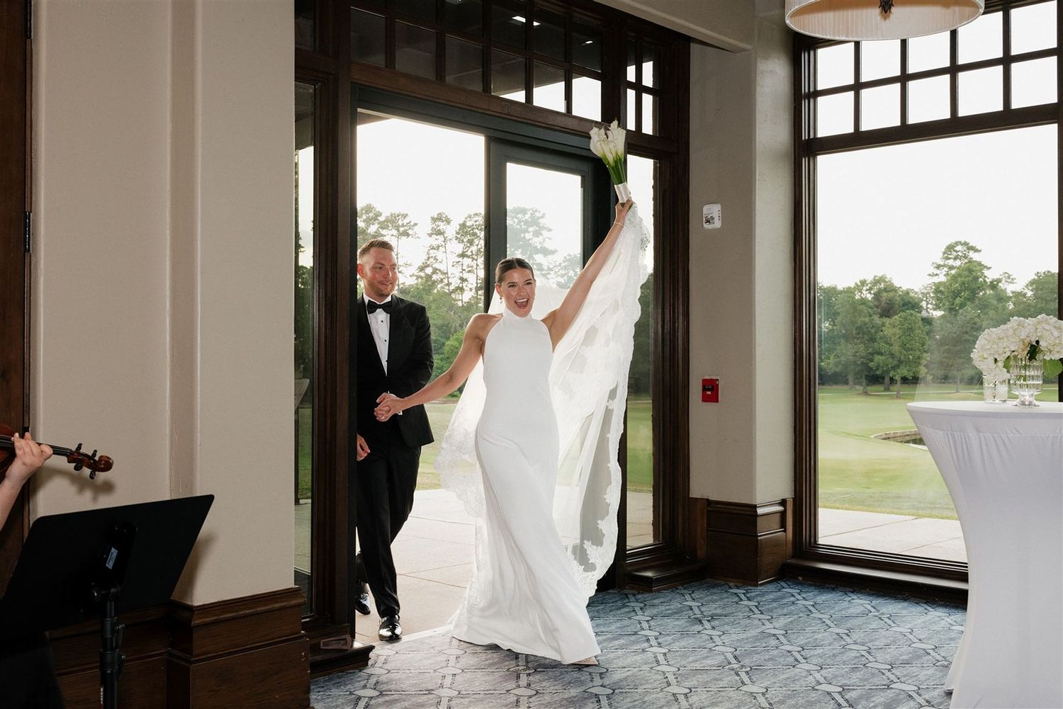 Collage of wedding photography showing a bride in a white dress twirling and posing in various indoor settings.