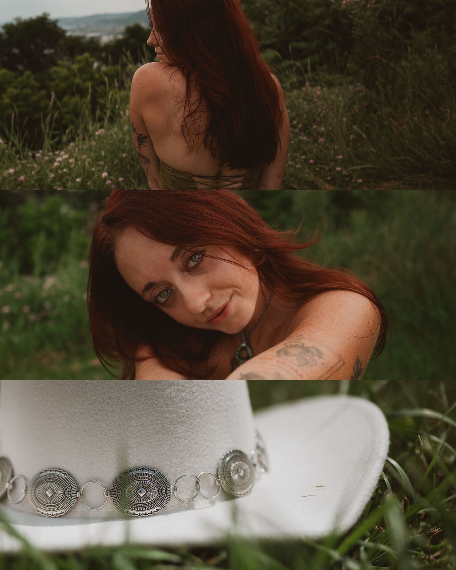 Close-up artistic portraits of someone with dark hair against a natural outdoor backdrop with bokeh effect.