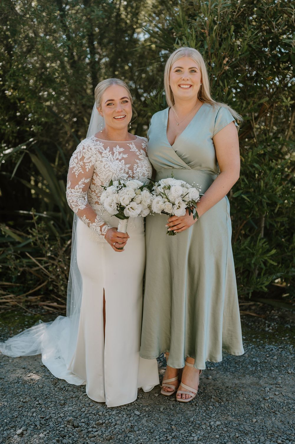 Close-up detail shots showing elegant sage bridesmaid dresses paired with a white lace wedding gown during an outdoor ceremony.