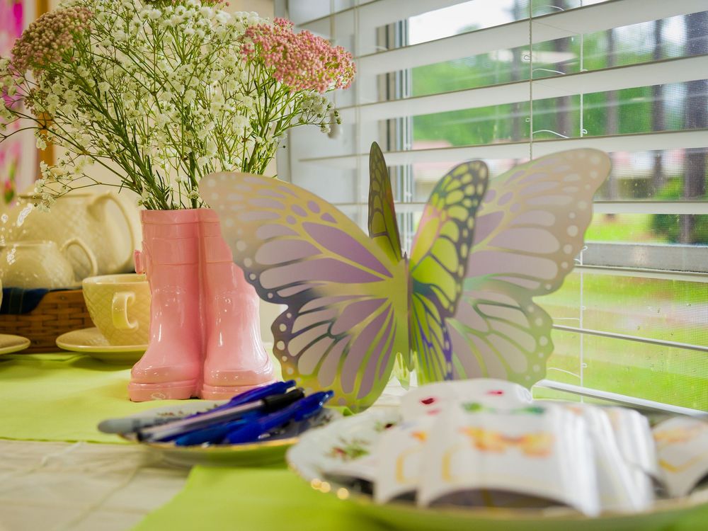 Pastel butterfly decoration and pink rain boots on a green table by a window with sunlight streaming through blinds.
