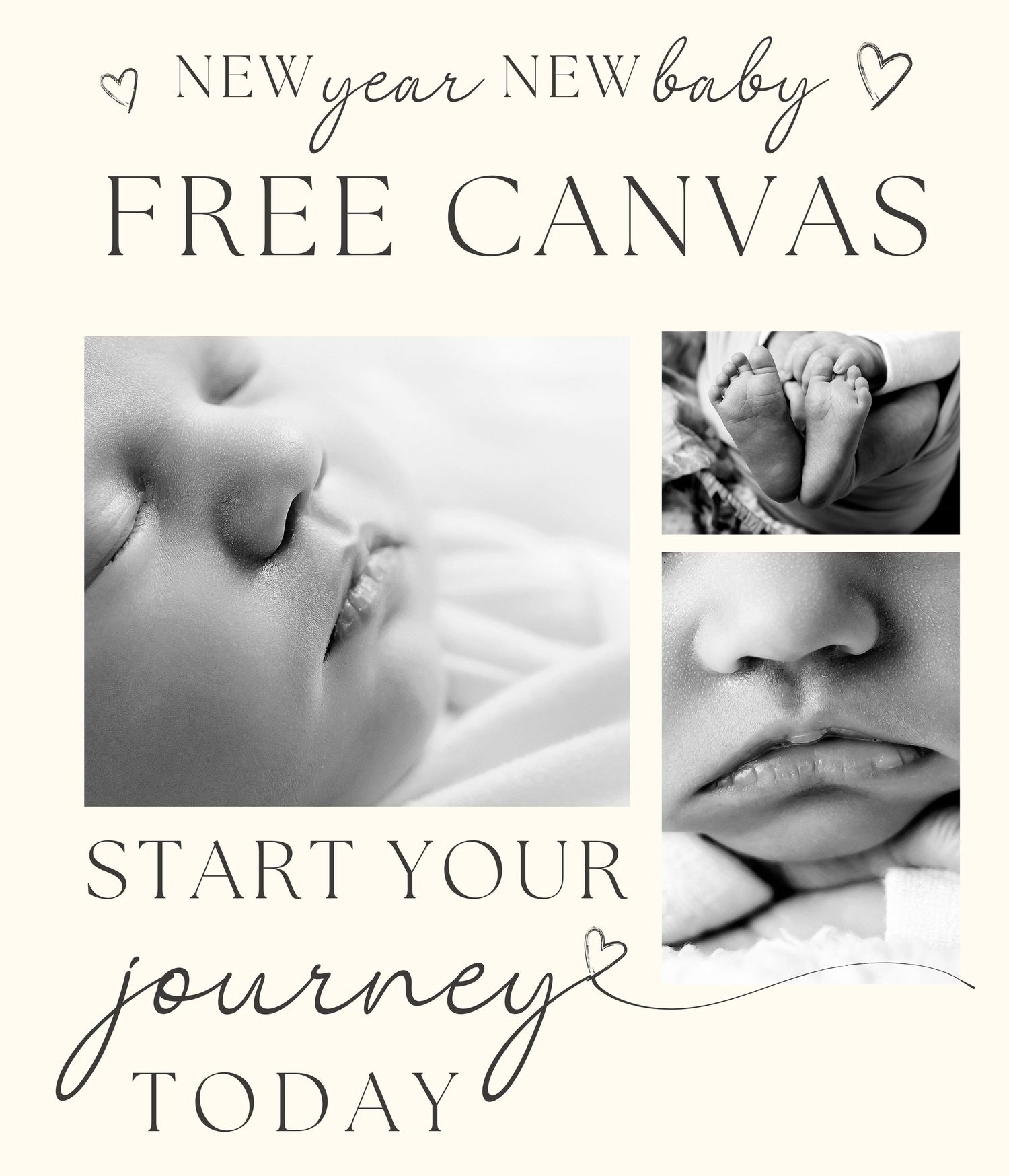 Marketing template for newborn photography featuring baby detail shots and text about free canvas.