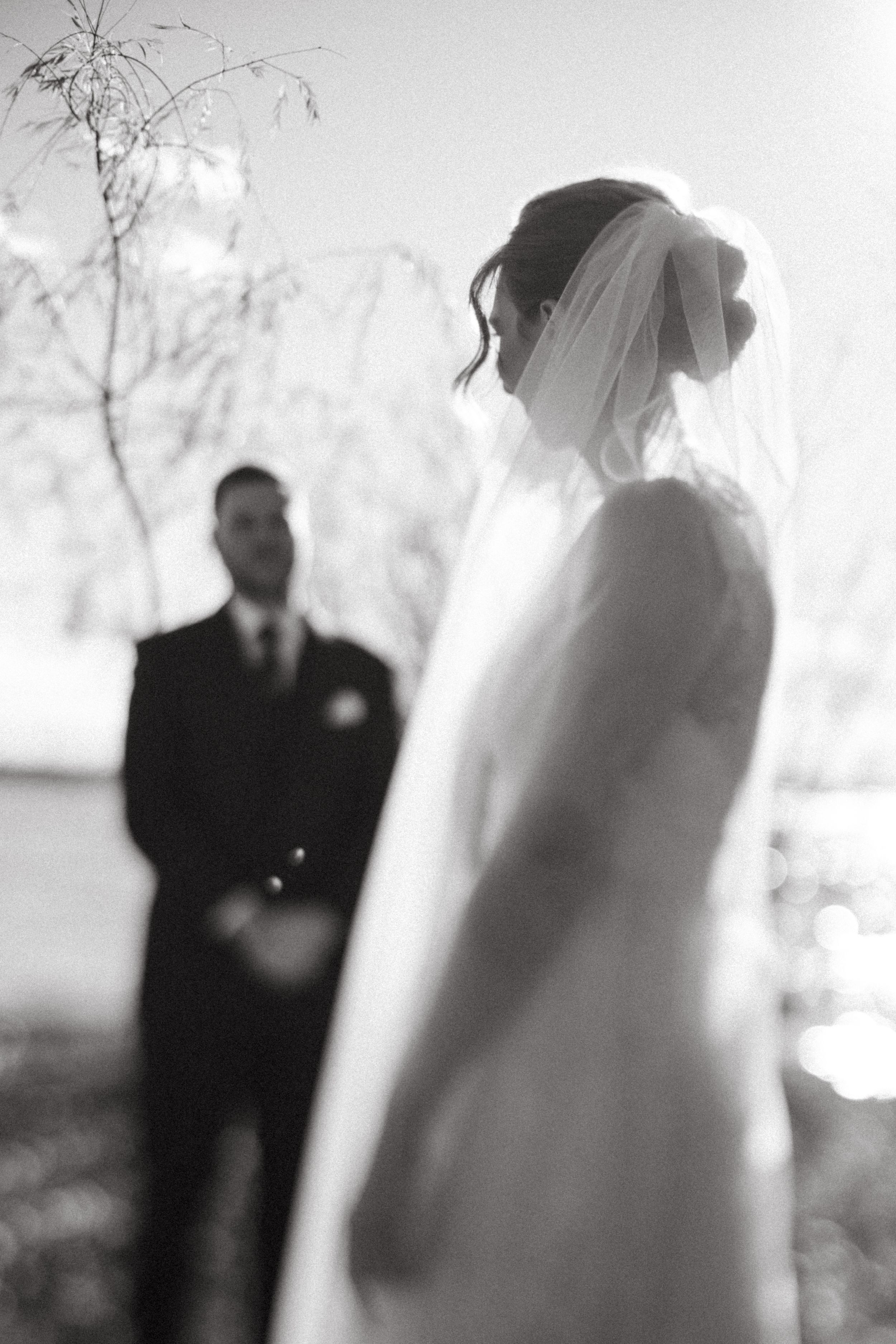Black and white wedding photo with a bride in veil and groom standing in soft focus background.