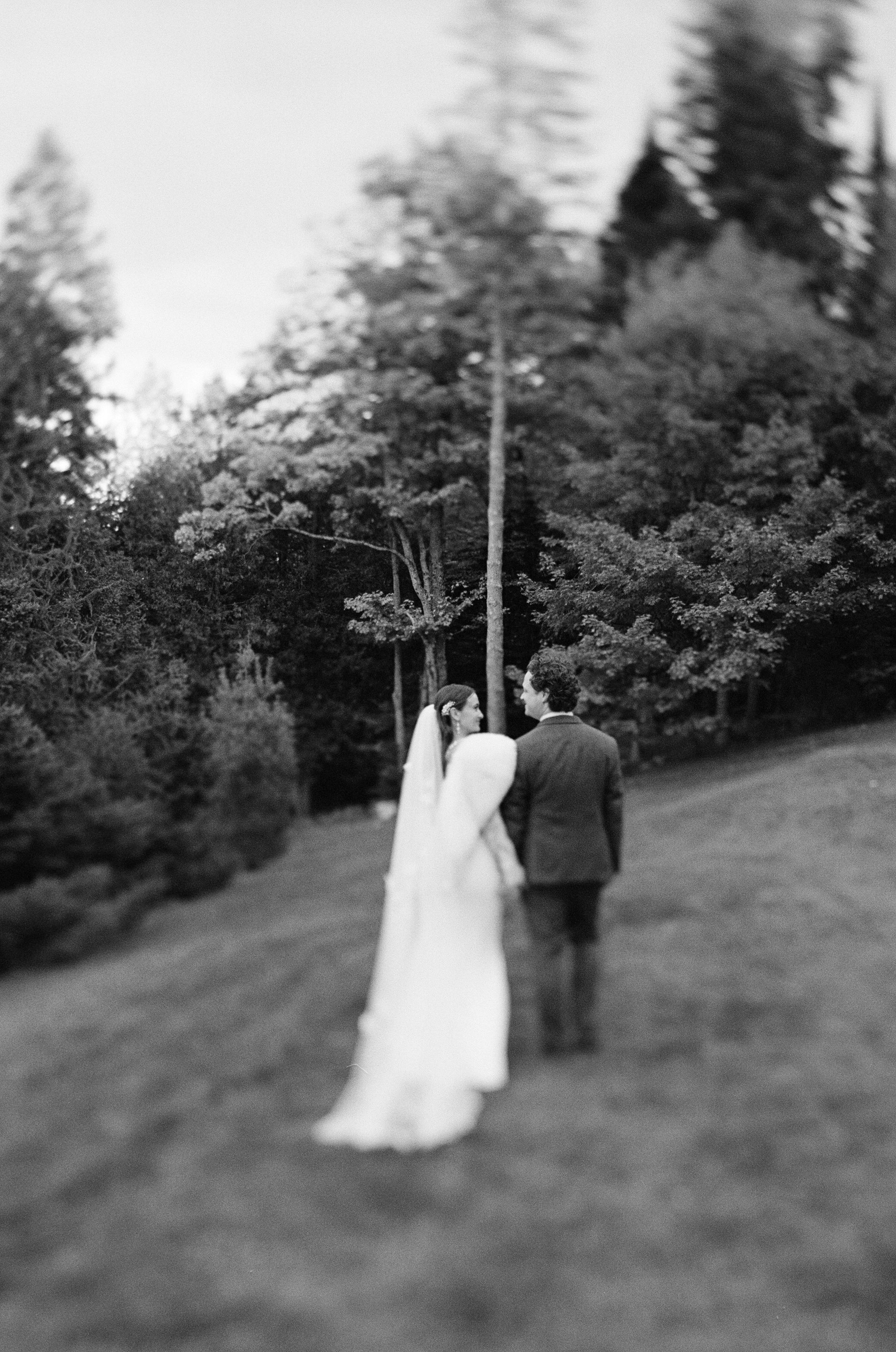 Black and white wedding photo of couple walking up a hillside path surrounded by trees.